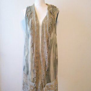 One World Sage Green Tie Dye Lace Fringe Duster Cardigan Size: Large